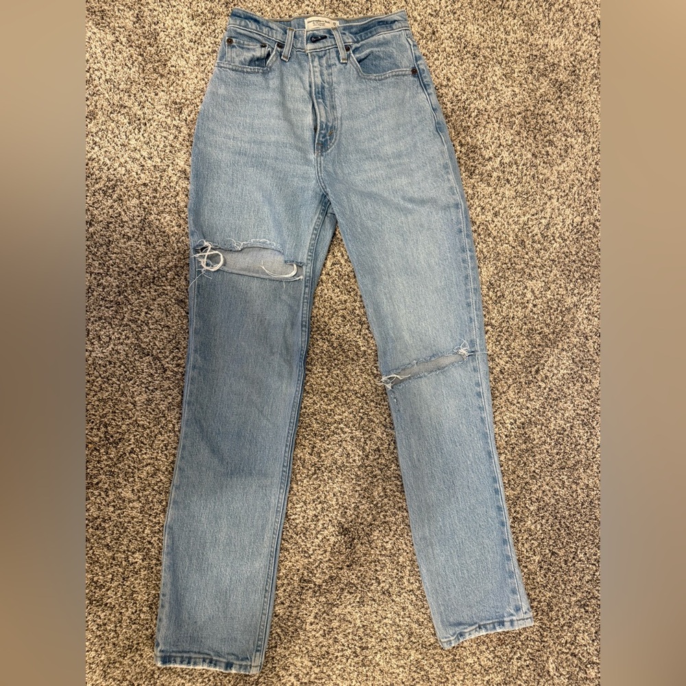 Abercrombie & Fitch Curve Love Light Blue Distressed Straight Leg Jeans